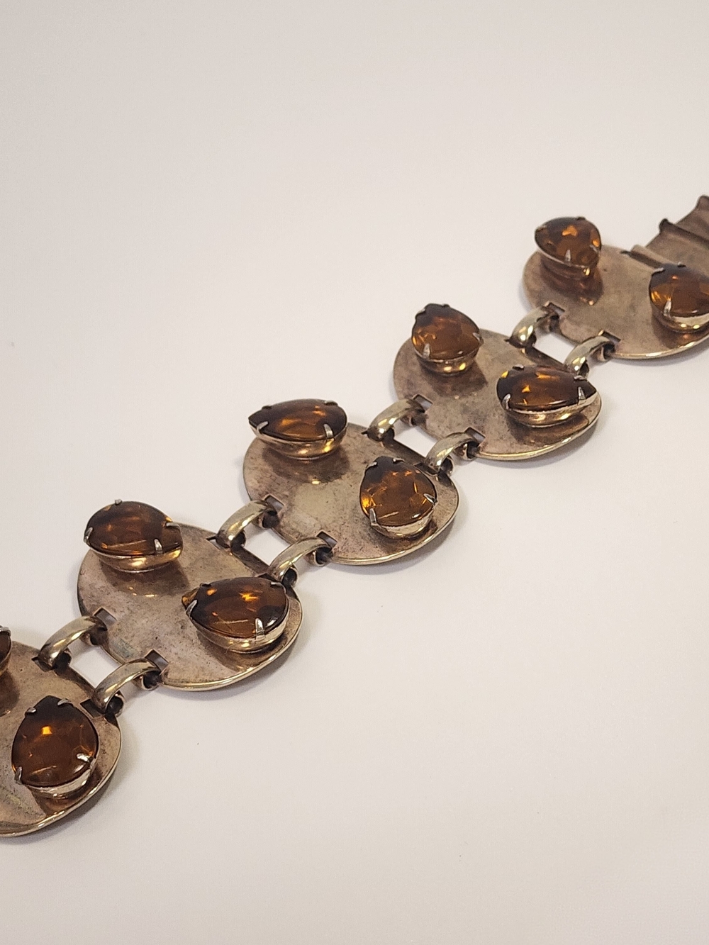 Chunky Amber Glass Bracelet Gold Tone Panel Link Statement Retro 1950s 7.5"